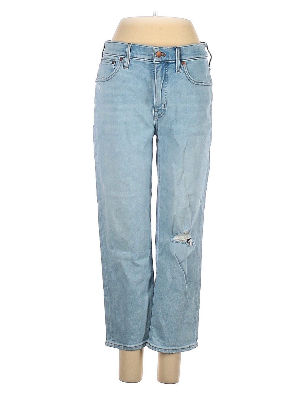 Madewell Light Wash Cropped Straight Jeans with Knee Rip